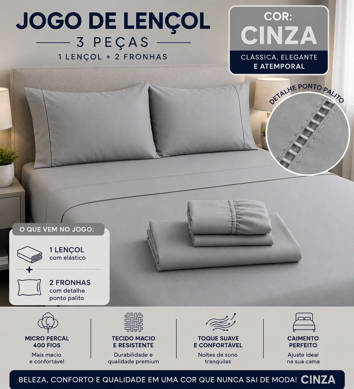 Jogo de lençol Nuvéa Comfort na cor Cinza