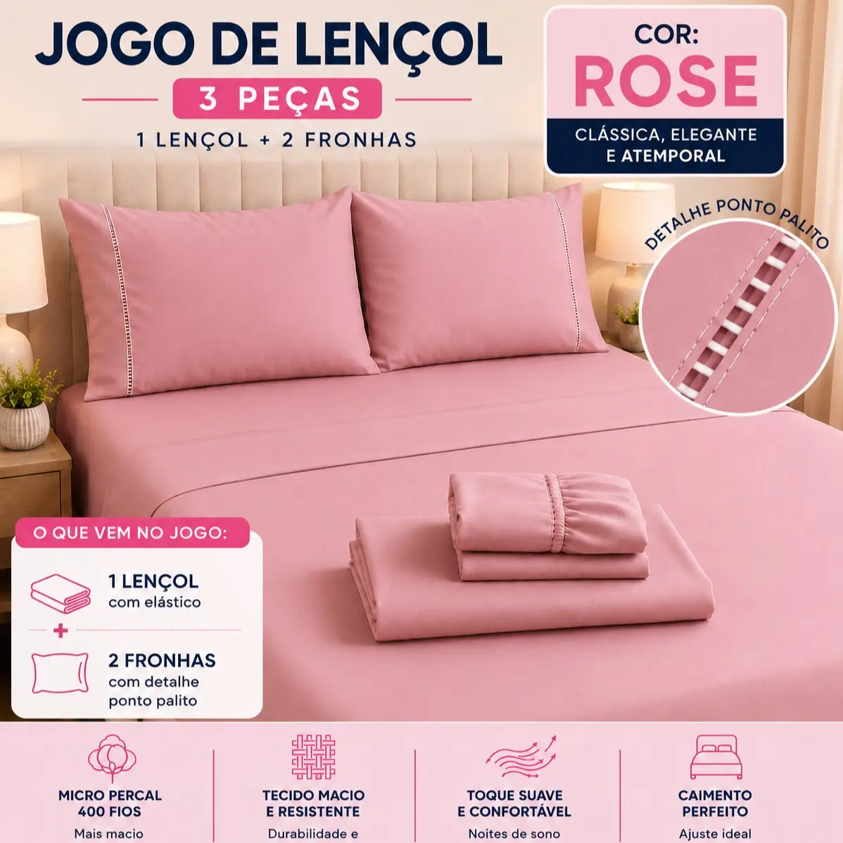 Jogo de lençol Nuvéa Comfort na cor Rosa