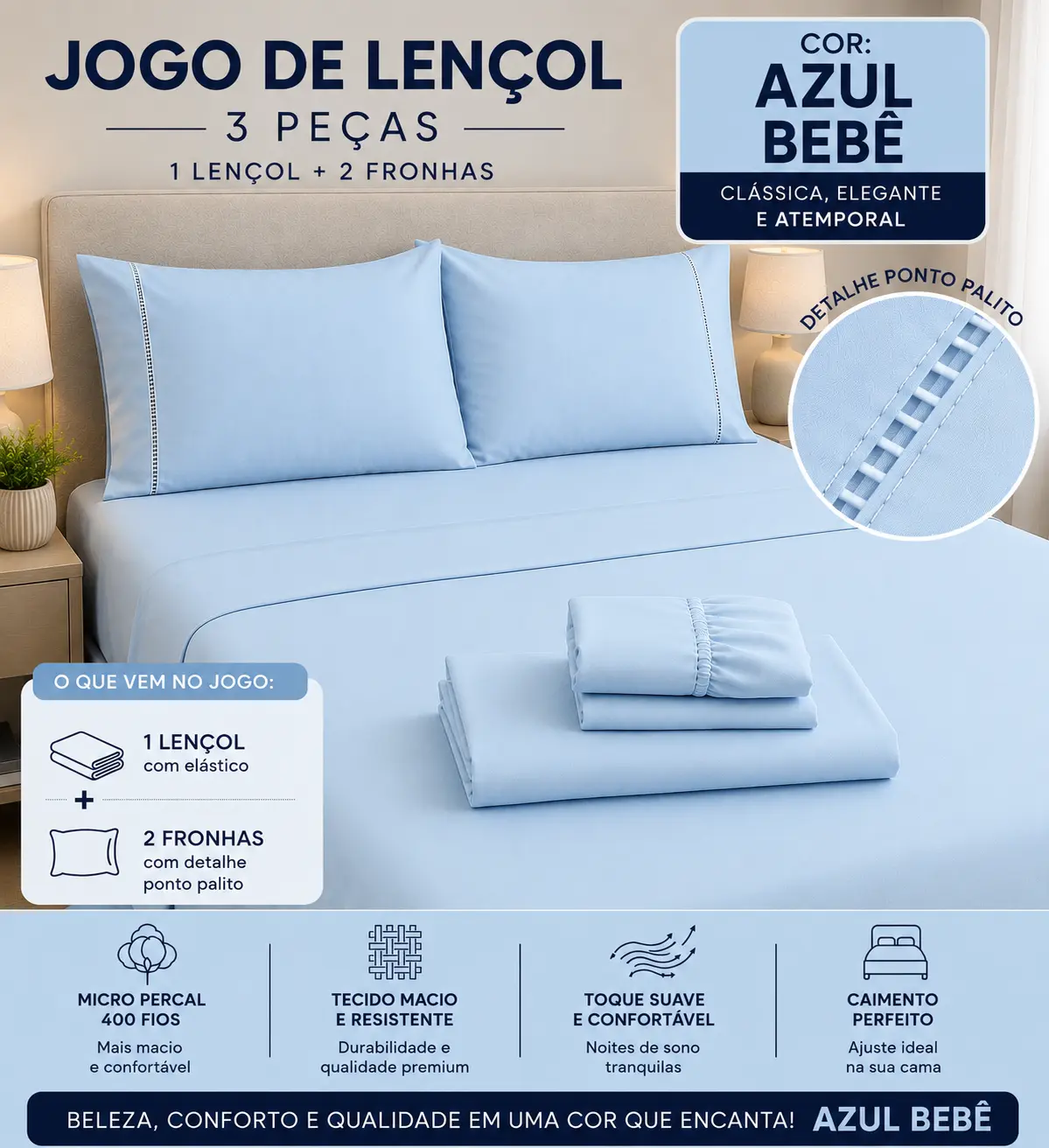 Jogo de lençol Nuvéa Comfort na cor Azul Bebê