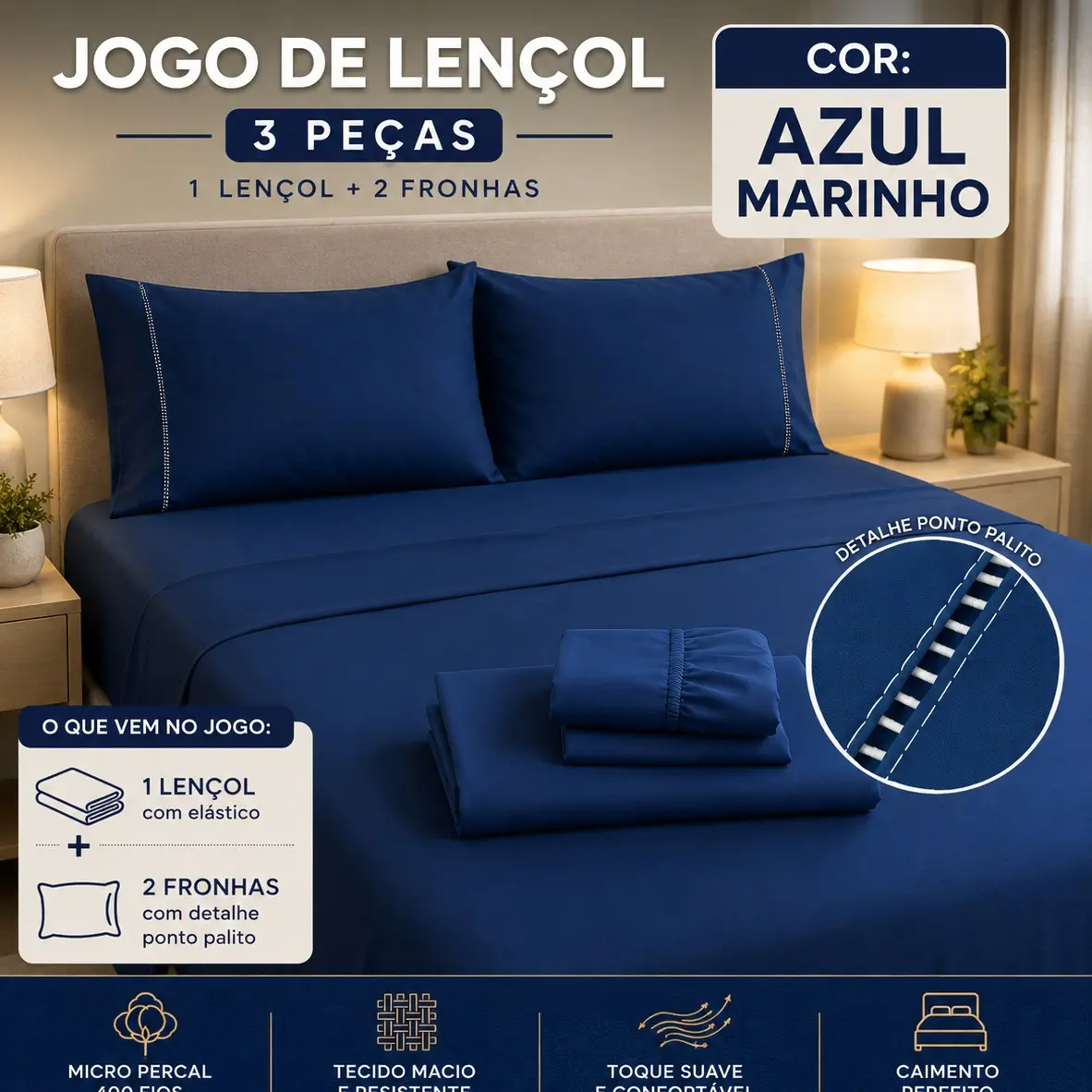 Jogo de lençol Nuvéa Comfort na cor Azul Marinho