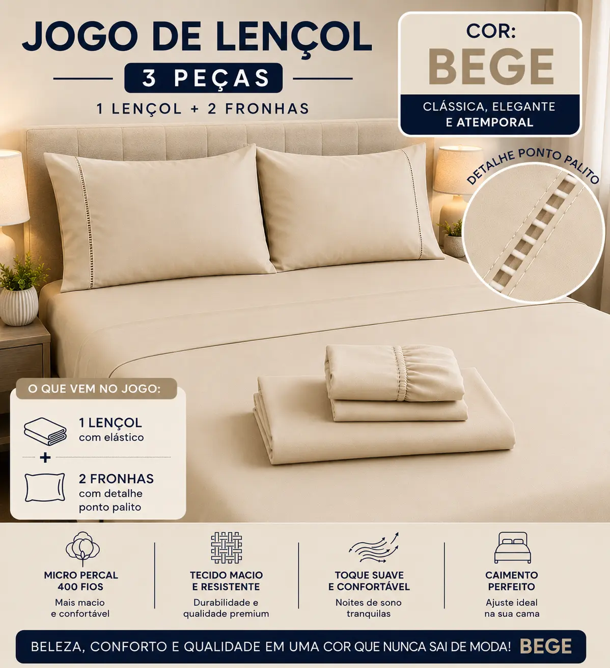 Jogo de lençol Nuvéa Comfort na cor Bege