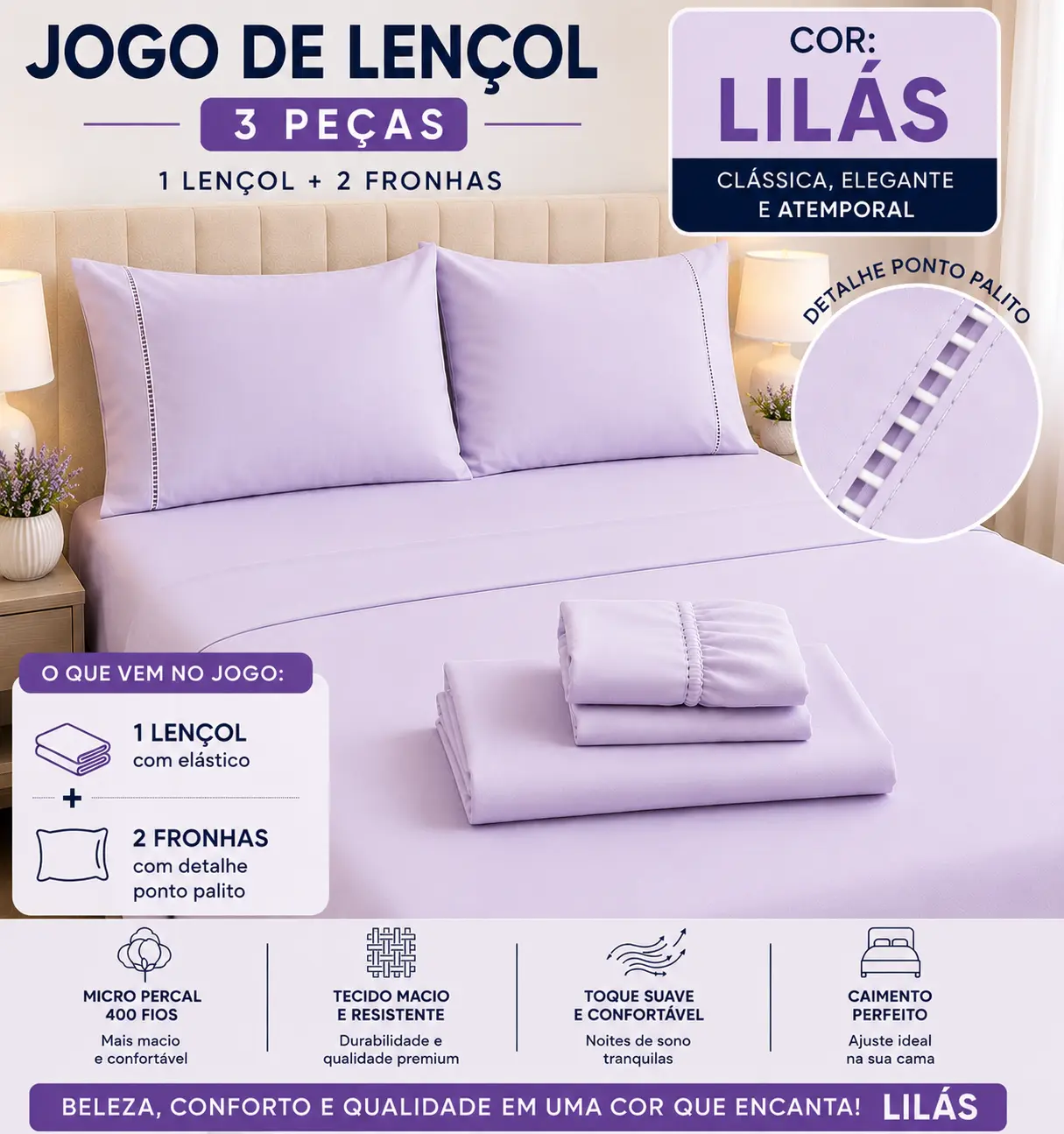 Jogo de lençol Nuvéa Comfort na cor Lilás