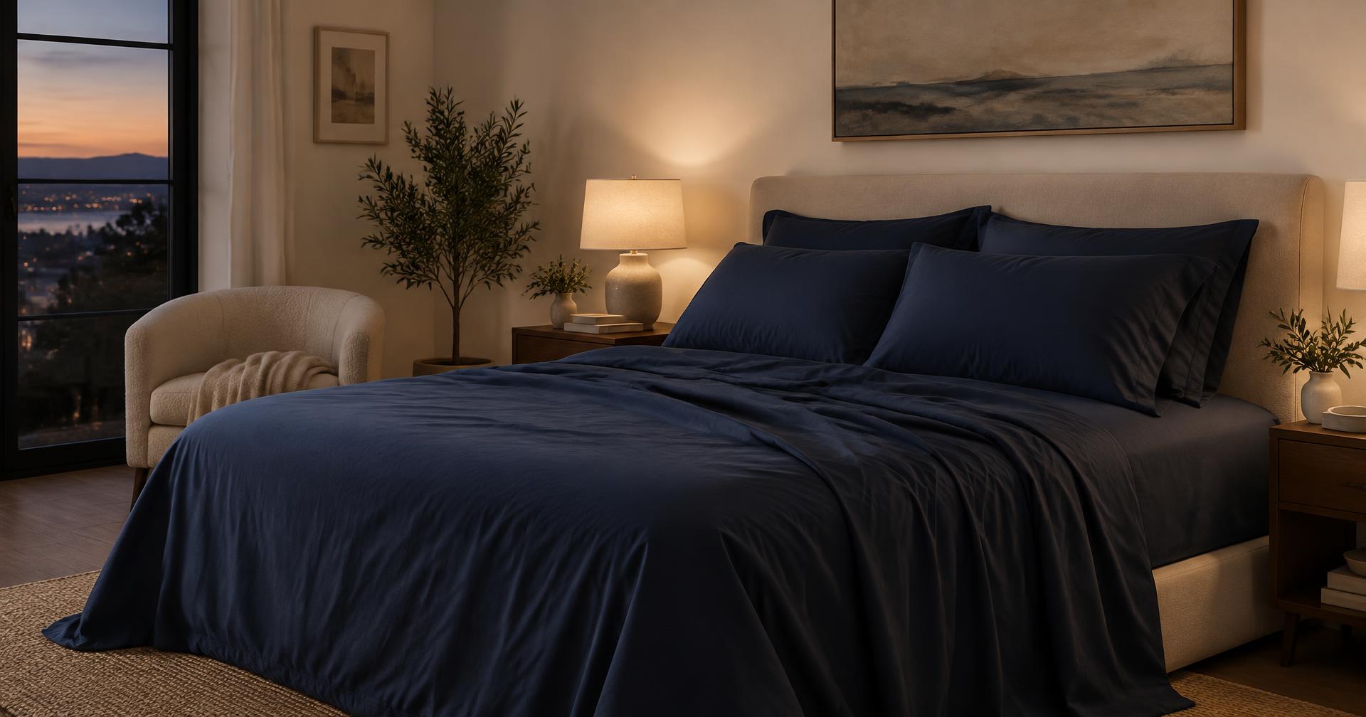 Quarto elegante com cama arrumada em jogo de lençol azul marinho